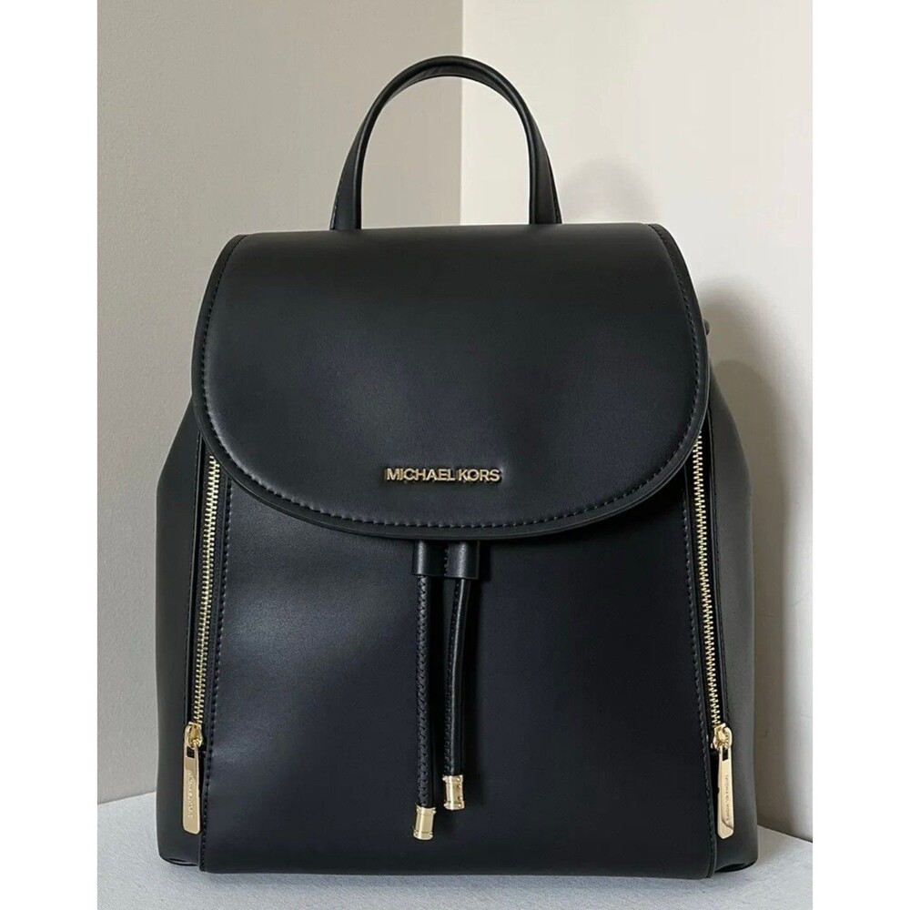 New Michael Kors Phoebe Medium Flap Drawstring Backpack Non-Leather Vegan Black